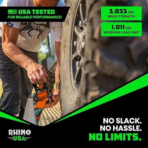 Rhino USA Retractable Ratchet Straps (2-Pack) - 2 Inch x 10 Feet (3,033lb Break Strength) - Heavy Duty Auto Self Retracting Tie Down Straps for Truck, Cargo Trailer, Motorcycle, Rad & More - Orange thumbnail 7