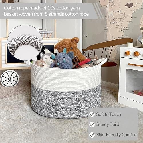INDRESSME Large Storage Basket, 21.7'' x 13.8'' Cotton Rope Blanket Basket Living Room, Toy Organizers and Storage with Handles for Kids, Laundry Baskets for Clothes, Towel, 90L Grey thumbnail 3