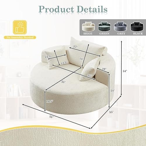 Oversized Round Chaise Longue Chair Indoor, Modern 55-inch Upholstered Chenille Deep Seat Circle Single Cloud Lounge Floor Sofa Chair for Living Room, Bedroom Apartment, Beige thumbnail 2