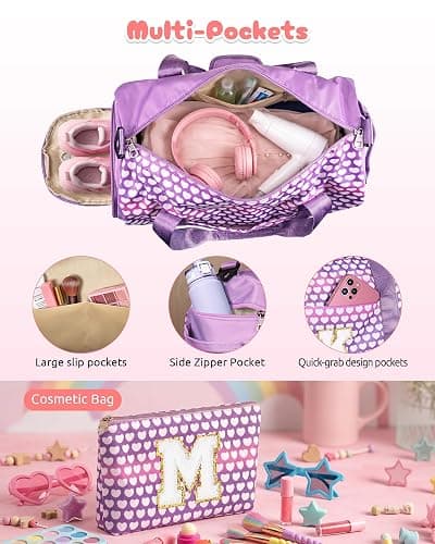 Vogewood Girl Initial Sparkly Dance Duffle Bag, Birthday Gift for Daughter | Overnight Travel Bag with Makeup Pouch & Wet Dry Pocket, Gymnastics Bag with Shoe Compartment,Niece Birthday Gift Ideas thumbnail 7