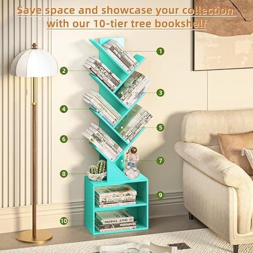 SHEEPAM 10 Tier Tree Bookshelf,Floor Standing Wood Tall Bookcase for Narrow Space, Storage Organizer Bookshelves for Books, Book Case for CDs/Movies/Books,Home Office,Living Room, Bedroom thumbnail 5
