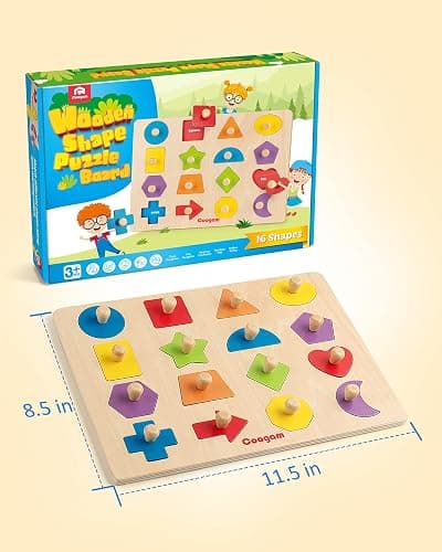Coogam Montessori Toy Wooden Shape Peg Puzzle, Fine Motor Color Matching Sorting Board, Early Learning Educational Activity Toy Gift for Preschool Toddler Baby 3 4 5 Year Old thumbnail 3