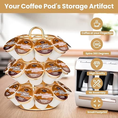 KREWEY Coffee Pod Holder, K Cup Holders Carousel Organizer ,27 Coffee Pods Storage Compatible with K Cups, Spins 360-Degrees, Modern Gold Design ，Round,Shining Gold,3 Tier Home or Office Kitchen Counter Organizer thumbnail 6