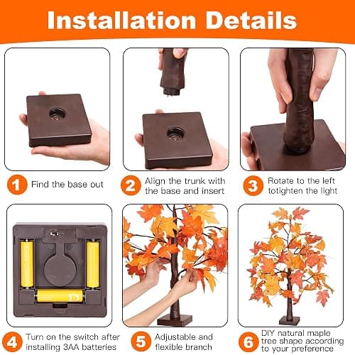 2 Pack 24 Inch Fall Maple Tree with 48LED Thanksgiving Table Decorations Battery Operated Lighted Tabletop Artificial Tree with Pumpkin Acorn Maple Fall Centerpieces Indoor Fall Decorations for Home thumbnail 4