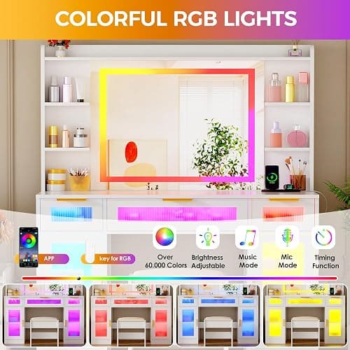 ANWBROAD Large Vanity Desk with Mirror and Lights White Makeup Desk Set with Power Outlet and Remote RGB Vanity with 3 Drawers 2 Cabinets and Stool Vanity Table for Girls Women Bedroom UBDT85W thumbnail 3