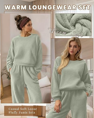 Oakgarden Women's Fuzzy Pajamas Sets Warm Fleece Loungewear Outfit Cozy Long Sleeve Fluffy Pullover Pant Set 2 Piece thumbnail 5