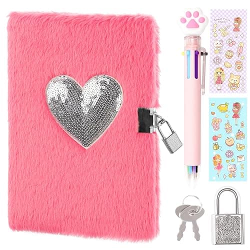 PrinBarBee Heart Diary with Lock, Secret Journal Gift for Girls Ages 8-10, Pen & Stickers - Image 1