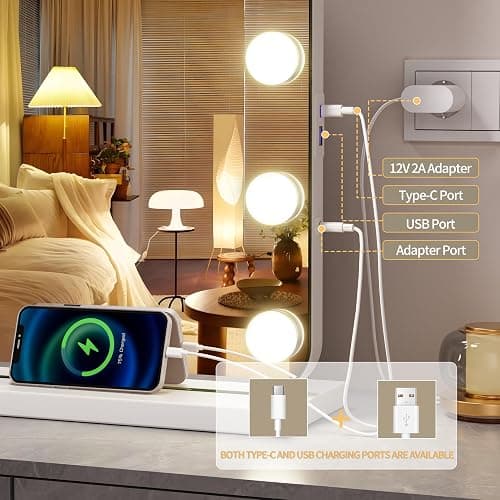 Hasipu Vanity Mirror with Lights and Bluetooth Speaker, 31.5" x 23.6" Hollywood Mirror, Makeup Mirror with 17 Dimmable Bulbs and 10X Magnification, 3 Colors Modes, USB Charging Port, Type-C (White) thumbnail 4