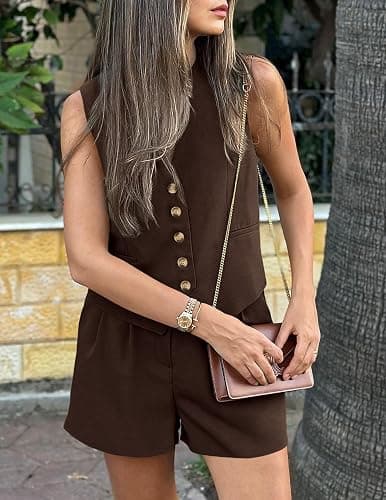 PRETTYGARDEN Women's Summer 2 Piece Outfits Sleeveless Matching Sets Button Down V Neck Vest Waistcoat and Pockets Shorts thumbnail 6
