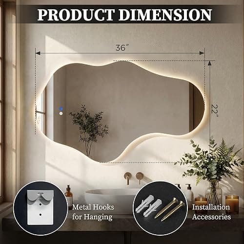 Irregular LED Bathroom Mirror with Lights, Backlit Vanity Mirror for Wall | Asymmetrical Wall Mirror, 3 Color Dimmable, Smart Anti-Fog, Wavy Decorative Mirror for Bathroom, Entryway(22″ x 36″, 1 Pack) thumbnail 2