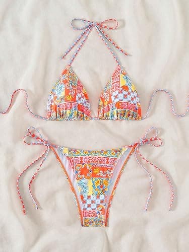 QJQ Women's 2 Piece Bikini Sets Floral Boho Halter Triangle Bathing Suit Tie Side Sexy Cheeky String Swimsuit thumbnail 5