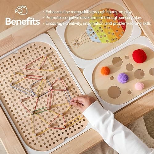 IEATFO 3-Pack Wooden Sensory Boards - Sensory Table Large and Small Storage Box Inserts - Pegboard, Size & Color Cognitive Boards - Accessories Include Wooden Pegs, Elastics, Pompoms thumbnail 6