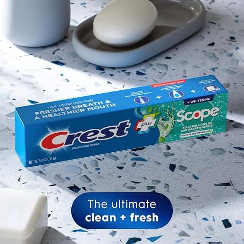 Crest + Scope Whitening Toothpaste - Pack of 3, 5.4 Oz Tubes - Anticavity Fluoride Toothpaste, Fresh Breath, Kills Germs - Tartar Protection, Enamel Protection - Minty Fresh Flavor thumbnail 2