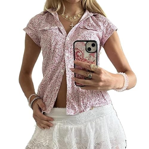 Women Cute Y2k Gingham Printed Tee Vintage Aesthetic Lapel Collar Button Down Babydoll Shirt Fairycore Going Out Top - Image 1