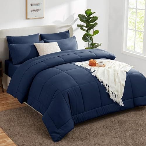 CozyLux Full Size Comforter Sets Navy Blue, 7 Pieces Bed in a Bag, Navy Comforter Full Size, All Season Bedding Sets with Stitch Quilted Comforter, Flat Sheet, Fitted Sheet, Pillowcases thumbnail 8