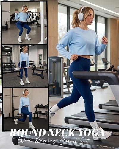 Cutecrop Women 3 Piece Seamless Workout Set High Waisted Leggings Athletic Bra Crew Neck Top Loose Yoga Gym Lounge Outfit thumbnail 4