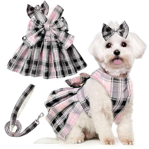 PETCARE Cute Dog Dress Clothes for Small Dogs Cats Girl Female Pink Plaid Bow Tie Dog Harness Dresses Leash Set with Pearls Bow Accessories Birthday Puppy Dress Shih Tzu Yorkies Chihuahua Outfits - Image 1