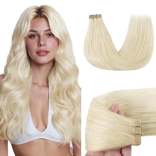 GOO GOO Tape in Hair Extensions Human Hair, 1000 Pure Platinum Blonde, 20inch 50g 20pcs, Skin Weft Seamless Invisible, Silky Straight with Thick Ends, Remy Human Hair - Image 1