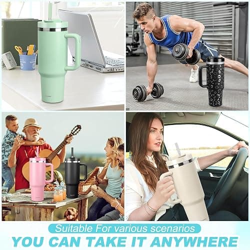 40 oz Tumbler with Handle and Straw, 2 in 1 Lid, Vacuum Insulated Stainless Steel Double Wall Water Bottle Travel Mug - Holiday Gifts for Women Men - Pink thumbnail 6