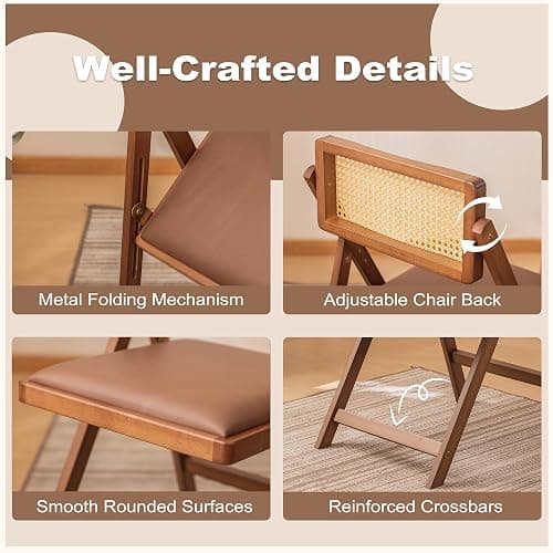 SOBIBO Wood Folding Dining Chairs, Padded Seat, Set of 2, Coffee & Walnut | Solid Wood Frame, Rattan Backrest, 600lbs Capacity, No Assembly Required, Mid Century Modern for Dining Room, Balcony, Patio thumbnail 4