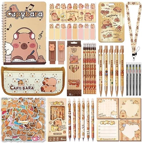 RHUIOKJLDF 12PCS Capybara School Supplies set，Cute School Supplies ballpoint pens notebooks, pencil cse, sticky notes ，mechanical pencil