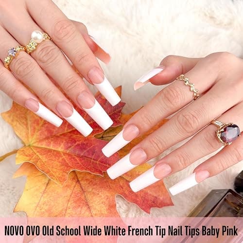 NOVO OVO Old School Wide White French Tip Nail Tips Press on, Long Tapered Square BABY PINK, Extra Thick Soft Gel Fake Acrylic Extension, Need Builder Gel Top Coat & Glue, 15 Sizes 240 pcs thumbnail 5