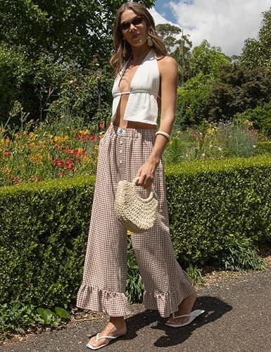 TARSE Women’s Plaid Wide Leg Pants Flared Leg Baggy Drawstring Ruffle Palazzo Pants with Pockets thumbnail 4