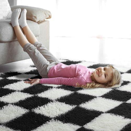KICMOR Area Rugs for Bedroom Living Room, 4x6 Black and White Fluffy Soft Checkered Rug Fuzzy Shag Shaggy Carpet, Indoor Plush Floor Rugs for Kids Boys Girls Teen Dorm Nursery Home Decor Aesthetic thumbnail 8