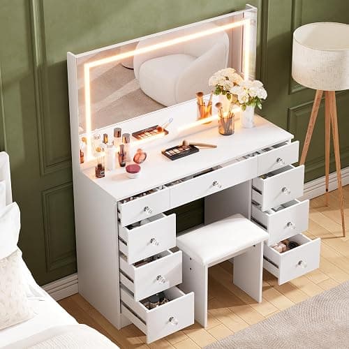 SMOOL Vanity with Mirror and Lights - Vanity Desk with Power Outlet and 9 Drawers, 3 Color Lighting Modes, Adjustable Brightness, Makeup Vanity with Soft Cushioned Stool for Bedroom, White 43Inches thumbnail 3