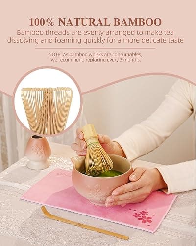 ZENS Matcha Whisk Set, Pink Ceramic Matcha Bowl with Embossed Sakura, 6pcs Matcha Tea Kit Includes Bamboo Whisk, (Chasen Holder) Scoop & Sifter, Tea Towel for Matcha Ceremony, Pink thumbnail 4
