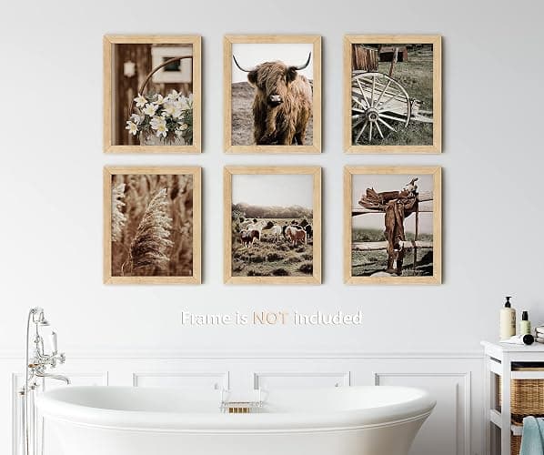 Vintage Cute Cow Wall Art Cow Horse Decor Farmhouse Wall Decor Rustic Nature Western Boho Neutral Country Art Print Painting for Home Office Bedroom Bathroom Living Room, 8x10" 6Pcs, Unframed thumbnail 2
