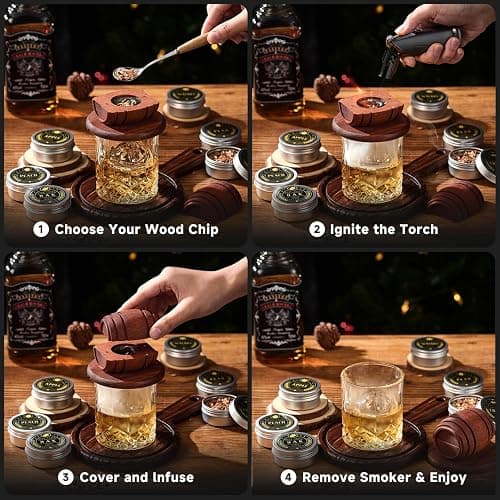 Whiskey Smoker Kit with Torch - 6 Flavors Wood Chips, 2 Glasses, 2 Ice Ball Molds - Cocktail Smoker Infuser Kit, Old Fashioned Drink Smoker Kit, Birthday Bourbon Whiskey Gifts for Men,Dad(NO Butane) thumbnail 7