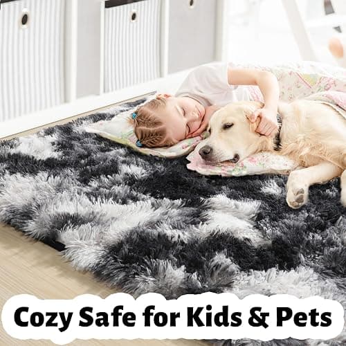 Amdrebio Black White Grey Rugs for Living Room Bedroom, 8x10 Large Fluffy Shaggy Furry Area Rug for Kids Room Dorm Home Office Apartment, Fuzzy Shag Plush Floor Modern Cool Carpet for Men Teen Boys thumbnail 2