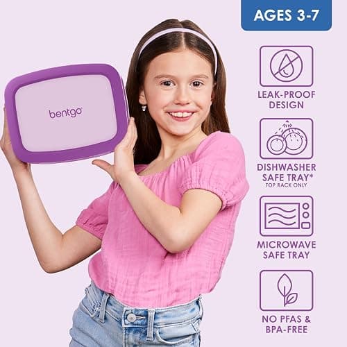 Bentgo Kids Bento-Style 5-Compartment Leak-Proof Lunch Box - Ideal Portion Sizes for Ages 3 to 7 - Durable, Drop-Proof, Dishwasher Safe, PFAS & BPA-Free & Made with Food-Safe Materials (Purple) thumbnail 4