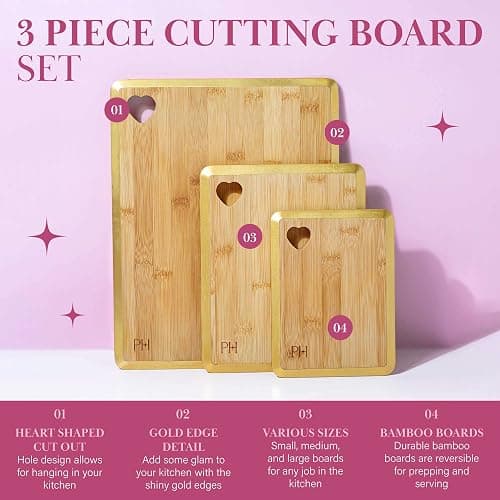 Paris Hilton Reversible Bamboo Cutting Board Set with Heart Shaped Cut-Out Design, Glamorous Gold Edge Detail and Multiple Board Sizes, 3-Pieces, Gold thumbnail 4