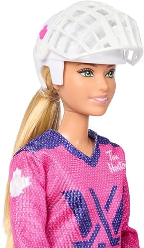 ​Barbie Tim Hortons PWHL 2025 Fashion Doll in Pink, Purple, & Teal Hockey Jersey, Includes Hockey Stick, Puck, and Helmet thumbnail 2