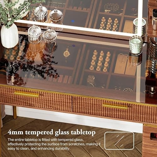 Chrangmay 47.24" Big Modern Vanity Desk with Mirror and Lights,Makeup Vanity Desk with 5 Drawers and Storage Shelves & Power Outlet,Dressing Table with Glass Top, Brown thumbnail 5