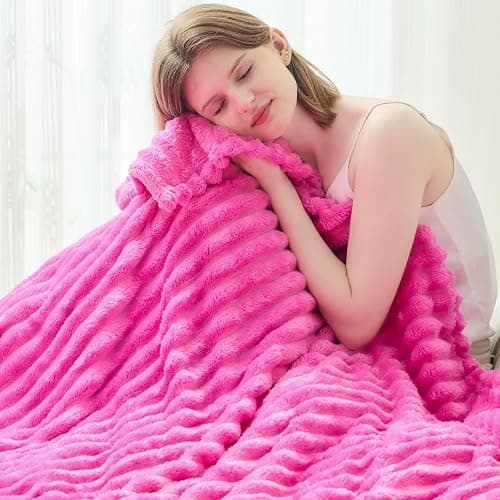 NEWCOSPLAY Super Soft Twin Blanket Hot Pink Premium Silky Flannel Fleece 3D Ribbed Jacquard Lightweight Bed Blanket All Season Use (Hot Pink Ribbed, Twin(60"x80")) thumbnail 5