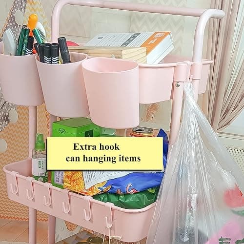 Ceeyali 3-Tier Rolling Utility Cart Storage Organizer Shelf Cart with Lockable Wheels and 3PCS Cups and 8PCS Hooks for Home Kitchen,Bathroom,Office,Laundry Room etc. (3 Cup 8 Hook Pink) - 3 Cup 8 Hook Pink thumbnail 7