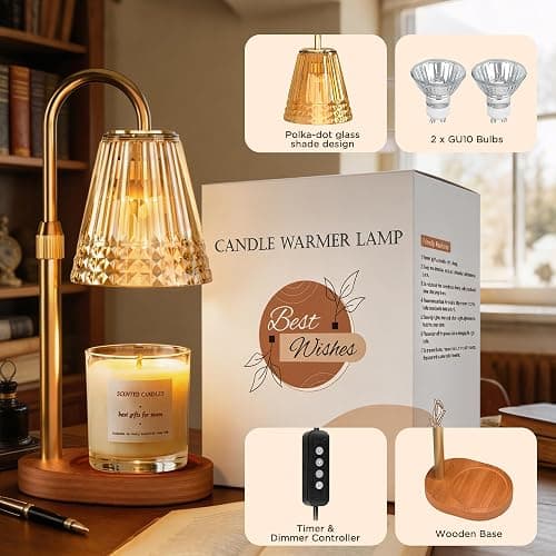 IAURS Candle Warmer Lamp with Timer Dimmable, Height Adjustable Wax Melt Warmer Lamp with 2 Bulbs, Flameless Candle Warmer for Home Decor, Birthday Gifts for Women Mom (Classic Gold) thumbnail 6
