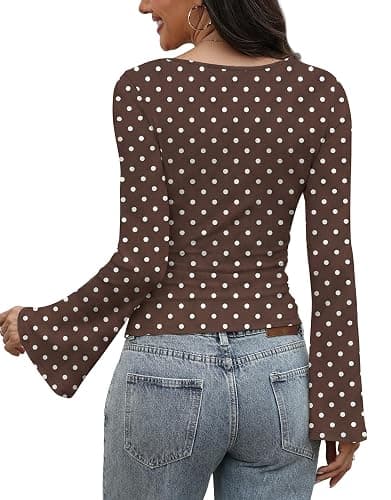 JUICICI Long Sleeve Shirts for Women 2026 Summer Crop Going Out Tops Casual Square Neck Bell Sleeve Ribbed Ruched Y2K Outfits thumbnail 5