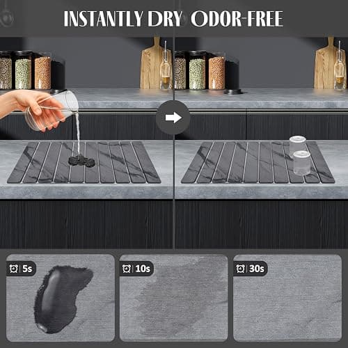 Large Stone Dish Drying Mats for Kitchen Counter, 24"(L)×16"(W) Marble, Drying Collapsible Dish Drying Mat, Eco-Friendly Absorbent Diatomaceous Earth Mats for Dishes Bottles Cups - Dark Grey thumbnail 3