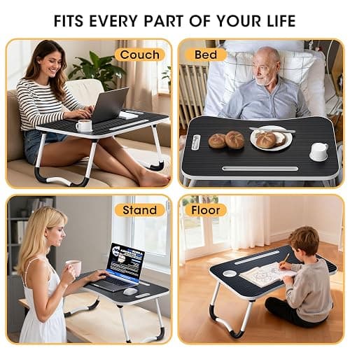 Frpufi Folding Lap Desk, 23.6 Inch Wood Laptop Bed Desk with Cup Holder, Portable Bed Table for Working Writing Reading & Eating for Bed, Sofa, Couch, Floor - Black thumbnail 7