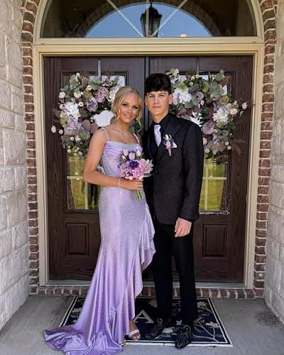 Wchecalino Sparkly Beaded Satin Mermaid Prom Dresses Long 2026 Spaghetti Straps Corset Ruffles Evening Gown with Slit thumbnail 6