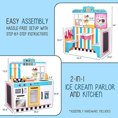 Lil' Jumbl Wooden Ice Cream Parlor Playset, Interactive Diner Set, Ages 3+ | Lets kids run a pretend dessert shop with cash register, freezer, sink, and menu boards for imaginative fun. thumbnail 3