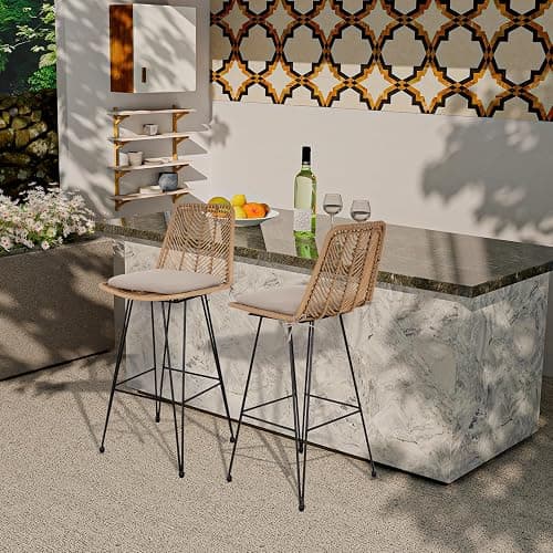 IDZO 400lbs Capacity Rattan Bar Stools Set of 2, 29-Inch Height, Outdoor & Indoor Use, Comfort Cushion, Solid Steel Frame, Durable Powder Coating, Easy Assembly, Ideal for Kitchen Island & Patio thumbnail 2