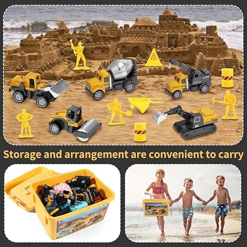 HONGTUO Play Construction Sand Kit, 2.2lbs Magic Sand, Inflatable Sandbox | 8 Alloy Construction Vehicles, 8 Worker Figures, Road Signs, 6 Castle Molds, Storage Box, Sensory Toys, Gift for Kids Ages 3+ thumbnail 5