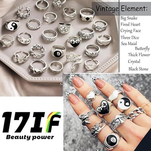 17IF 26-35 Pcs Vintage Silver Knuckle Rings Set for Women Men, Grunge Gothic Rings Chunky Aesthetic Snake Stackable Adjustable Punk Bulky Finger Alt Fairy Skull Frog Heart Star Flower Midi Ring Pack thumbnail 3
