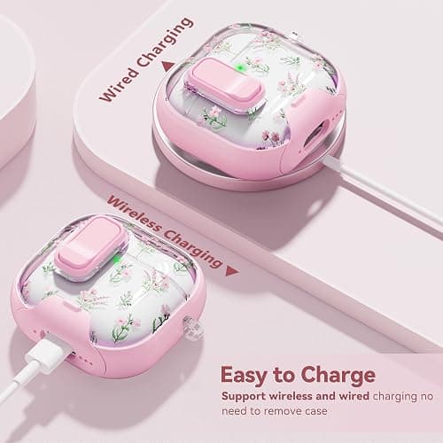Skyconser with Safety Lock for Apple AirPods 4 Case,Clear Floral Cute AirPod 4th Generation Case with Phone Stand & Cleaning Kit for Women Girly-Pink Narcissus thumbnail 5