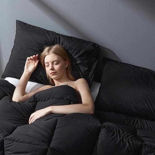 DOWNCOOL Full Size Comforter Sets -All Season Bedding Comforters with 2 Pillow Cases -3 Pieces Bed Set Down Alternative Comforter -Black Bedding Sets (82"x86") thumbnail 7